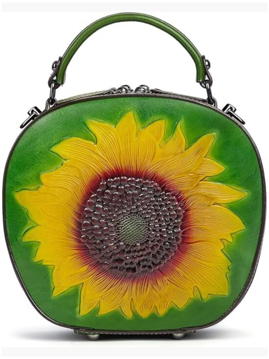 Handbags - Vintage Genuine Leather Crossbody Bag with Sunflower Embossed Design